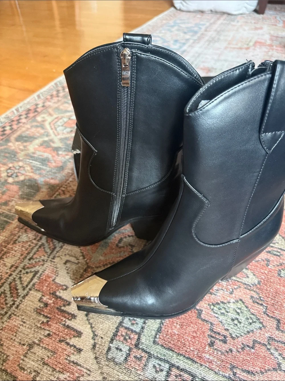 Fashion Nova Black Ankle Booties with Silver Toe Caps